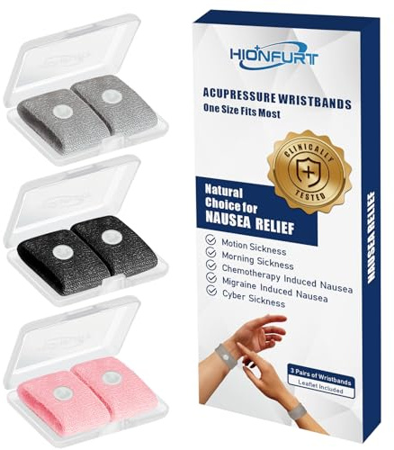 Hionfurt Åksjukeband Armband mot illamående för vuxna och barn Graviditet Morgonillamående Lindring Akupressurarmband Illamående Lindring vid bil-, sjö- och luftsjuka - 3 par grå, svart, rosa