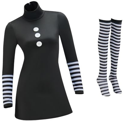 Marionette Cosplay Halloween Costume Dress Outift with Black and White Striped Stockings for Women Adult (Black, M)