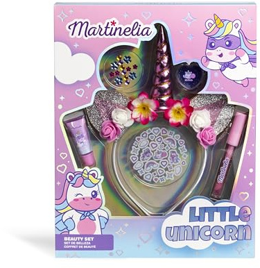 MARTINELIA - Set Maquillage Fille & Accessoires Licorne - 1 Bandeau/Serre tête Licorne, 2 Brillants à Lèvres, Autocollants & Accessoires de Beauté - Coffret Beauté & Cheveux pour Enfants - Dès 3 Ans
