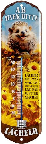 LANOLU Thermometer ab hier lächeln Igel-Deko Schild Garten außen Metall 8x28cm