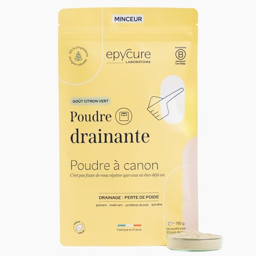 EPYCURE - Poudre Drainante - Détox, Contrôle du Poids, Coupe-Faim Naturel - 100% Naturel - Guarana, Maté Vert, Spiruline - 1 Mois - Sans Lactose, Sans Gluten - Pomme Kiwi