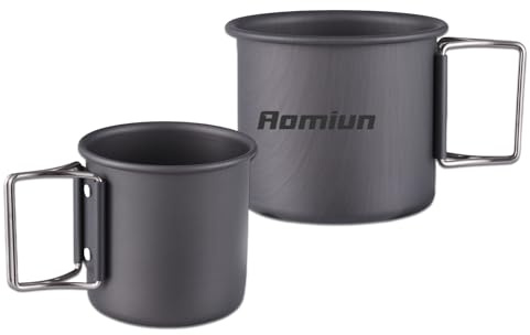 Aomiun 2-Pack Camping Cup Set, 450ml & 250ml, Lightweight Aluminum with Foldable Handle, Stackable, Suitable for Outdoor Heating
