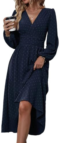 HUXRAKV Vestito Donna Elegante Manica Lunga Vita Alta Abito Scollo a V Casual Vestiti per Autunnale Invernale,WD37-Blu Marino,L
