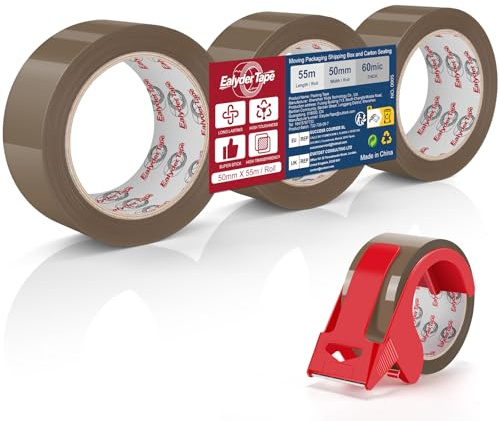 Ealyder Tape Ruban Adhésif d’Emballage 3 Rouleaux avec Dérouleur – Marron, 50mm x 55m, Ruban Résistant pour Cartons, Colis, Déménagement, Expédition, Stockage et Bureau