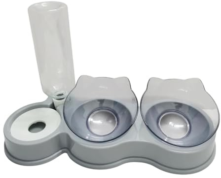 perfk Ciotole Doppie per Gatti, Set di Ciotole per Cibo e Acqua per Animali Domestici, 3 in 1, inclinate di 15° con distributore d'Acqua, Ciotola, Grigio