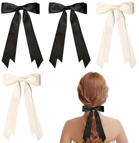 4 PCS Black Beige Hair Bows for Girls Set, Elegant and Sweet Double Layer Girls Hair Bows for Women Clips with Long Ribbon, Bow Styling Clip Barrettes Accessories for Girls Women