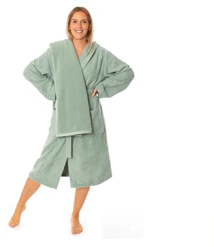 Lavea® Set Sauna Albornoz y Toalla 80x200 cm - Algodón 100% Suave y Absorbente - Hipoalergénico - Capucha y Cinturón - Oeko-Tex® - Set Albornoz XL + Toalla Sauna - Verde Eucalipto