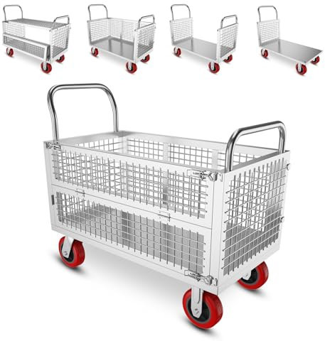 MediHoist 5-in-1 Schwerlast Plattformwagen 112x71cm, 1000kg Traglast Transportwagen mit 15cm Geräuschlosen Rädern, Klappbarer Rollwagen für Lager/Logistik/Supermarkt, Silber
