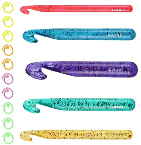 HECHKJ Set de crochets ergonomiques 12–25 mm (5 pièces), crochet tricot en plastique transparent, crochet ergonomique pour crocheter avec marqueurs métalliques, pour tricot et crochet épais