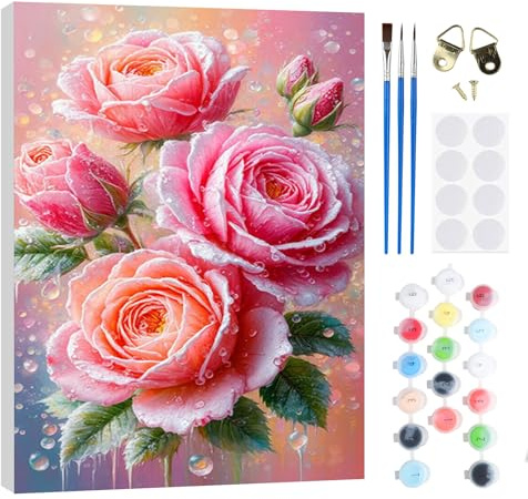 RICUVED Rosa Pintura por Números para Adultos y Niños 20x30cm -Flor Kit DIY con Marco de Madera, Pinturas al Óleo, Pinceles y Bandas Magnéticas para Decorar Tu Casa