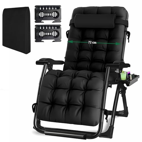 Fiutazge Bain de Soleil Chaise Longue Pliante,Chaise de Gravité Zéro avec Coussin Premium,Appui-tête,Porte-Boisson,Sac,Fauteuil de Jardin pour Patio,Plage,Piscine,Balcon,Capacité 240kg-Noir