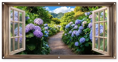 MuchoWow© Decoracion Pared Exterior 160x80 cm Posters Decorativos Jardin Terraza Balcon Wall Decoration Decoración Patio Póster De Jardín Mirada - Hortensia - Sendero - Naturaleza