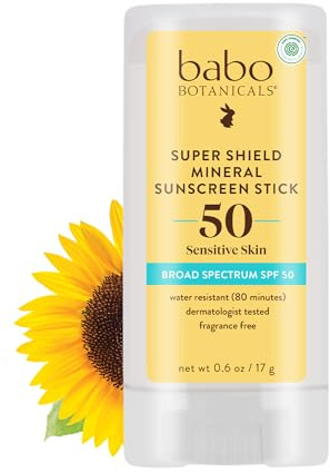 Babo Botanicals Super Shield SPF 50 Natural Sport Stick Fragrance Free Sunscreen, 0.6 Ounce