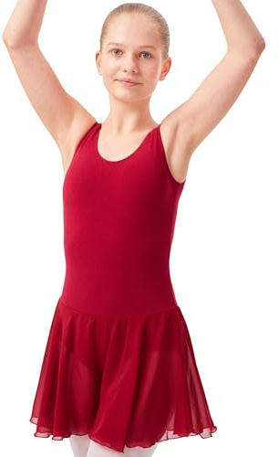 tanzmuster ® Ballettkleid Mädchen ärmellos - Minnie - aus weichem Baumwollstoff mit Chiffonröckchen Ballett Trikot Ballettanzug in burgunder, Größe:140/146