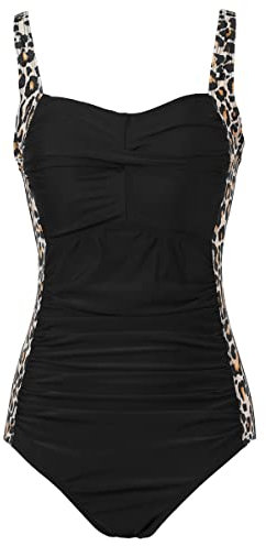 Aidotop Damen Einteilige Badeanzug Monokini Verstellbarer Schultergurt Badeanzüge Falten Bademode Schwimmanzug(L, Leopard)