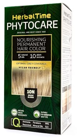 Herbal Time Phytocare Tinte Permanente para el Cabello Color Rubio Muy Claro 10N | Kit Tinte Natural Pelo Profesional | Nutre y Protege Tu Cabello | Sin Amoníaco, PPD y SLS | 124.5 ml