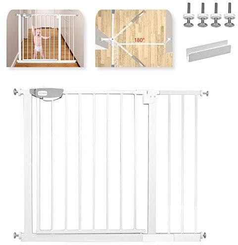 LZQ Treppenschutzgitter, Doppelschloss extra sicheres Metall-Türschutzgitter zum Klemmen, Weiß, 95-105 cm, Türgitter Klemmgitter | 90° Stop | Schließt automatisch