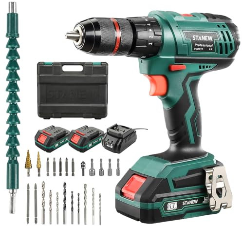 STANEW Taladro Percutor a Bateria 20V, Taladro Atornillador 2x2.0Ah Baterías, 35Nm, 18+3 Ajuste de Par, 2 Velocidad, 24 Accesorios, LED Luz Para Hogar, Bricolaje