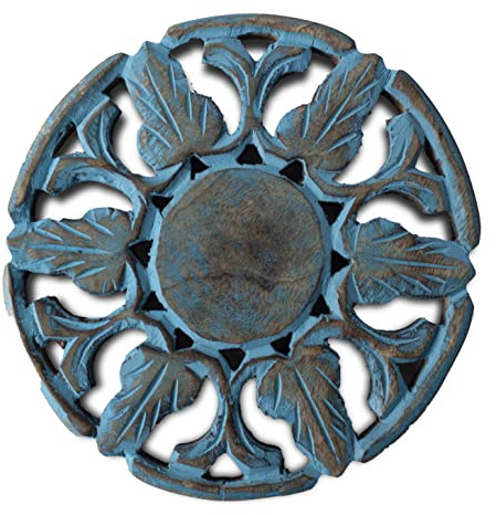 Handgemachte Holzunterricht für heiße Gerichte Platten & Töpfe Halter Heißkissen für Küche & Esstisch Dekor Kochgeschirr Hitzebeständiger rustikale dekorative Schnitzerei Tischtisch (Blue Wash Finish)