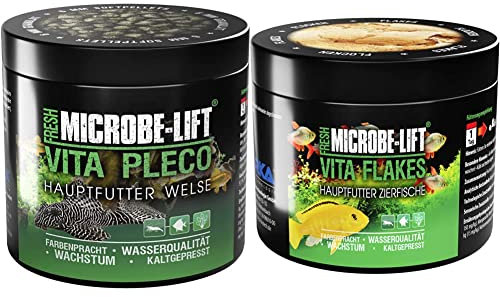 MICROBE-LIFT® - Vita Pleco | Granulat Welsfutter für Süßwasser Aquarium | fördert Farbenpracht und Wachstum vom Wels, 250ml & Vita Flakes - Alleinfutter für Fische in jedem Süßwasser Aquarium, 500 ml