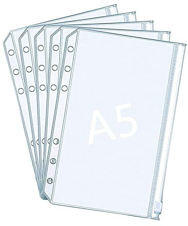 5 Pcs A5 Plastic Zipper Budget Binder Pockets,A5 Size 6Hole Plastic Binder Zipper Folders Waterproof Loose Leaf Bags Notebook Documents,Photo,Bills Organizer Money Cash Envelope Punch Wallet Organiser