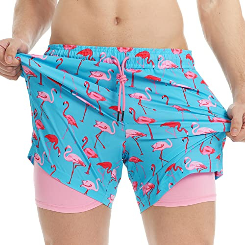 MaaMgic Uomo Pantaloncini da Surf 2-in-1 con Compressione | 5 5' Pollici Interni Asciugatura Rapida Costume da Bagno Corti con Tasche Interna Fenicotteri su Blu 5.5 L
