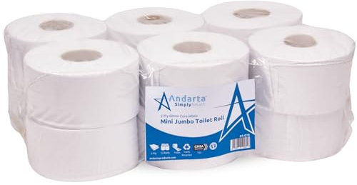 Andarta Mini Jumbo Toilettenpapierrolle, 2-lagig, 150 m, Weiß, 12 Rollen