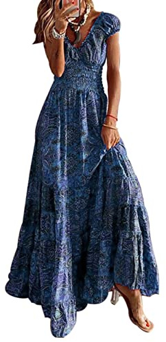 ABYOVRT Vestido Mujer Bohemio Largo Verano Cuello en V Manga Corta Floral Maxi Vestidos Cóctel Falda Larga Chic de Noche Playa Fiesta Vacaciones,Azul,M