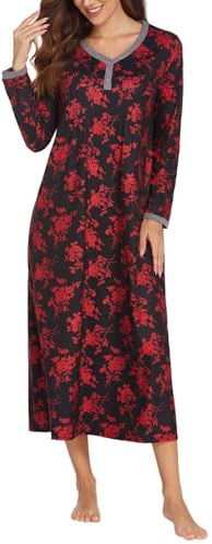 Ekouaer Women's Long Nightdress Ladies Long Sleeve Nightgown Winter Nighties House Dress Loose Sleepwear,Grey,XXL