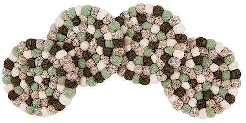 Thirstystone Green Felted Wool Pom-Poms Coaster 4 Pack Heat Tolerant, Protects Surfaces, Measures 4 Diameter