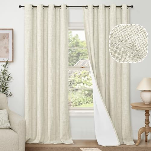 Lajode 100% Blackout Curtains for Living Room 90 Inches Long 2 Panels, Faux Linen Textured Linen Floor Length Thermal Insulated Bronze Grommet Boho Window Energy Save Drapes, Each 52 Wide, Natural