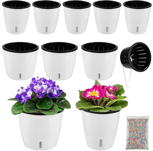 Planterhoma 5/6.7 Inch Self Watering Pots for Indoor Plants, 8 Packs African Violet Pots with Indicator, Black Wick Pot with Drainage Holes, Self Watering Planters for Orchid, Devil's Ivy, White