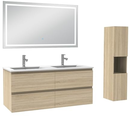 AICA Ensemble Meuble Salle de Bain 120cm avec Colonne et Miroir 3 Couleurs Chêne Wotan