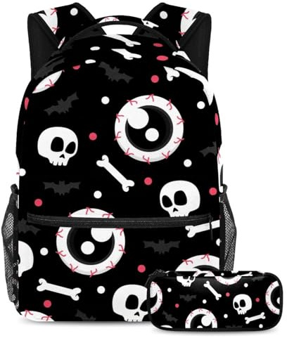 VAPOKF Ensemble sac d'école motif crâne os et globe oculaire pour adolescentes, filles, garçons, enfants, sac à dos avec trousse à crayons pour l'école primaire, secondaire et lycée, multicolore,