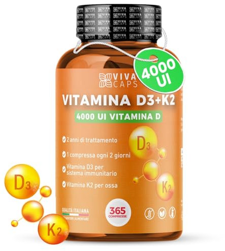 Vitamina d3 k2 mk7 vegana alto dosaggio 365 Micro compresse 2 anni di scorta, Vitamina d3 4000 ui e 200 mcg di Menachinone per sistema immunitario, ossa e denti - Made in italy