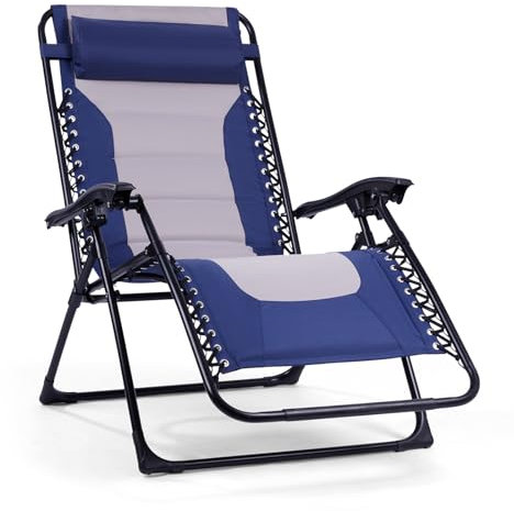 Backyard Expressions Deluxe XL Padded Recliner Zero Gravity Chair – Ergonomic Anti-Gravity Lounger with Folding Design, Side Tray, and Adjustable Headrest