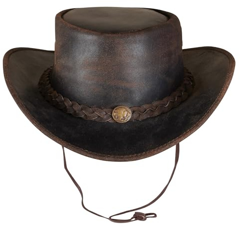 URBAN 5884 Cowboyhut aus echtem Leder, Western-Hut aus Rindsleder mit Verstellbarer Krempe und Kinnriemen - Braun, S