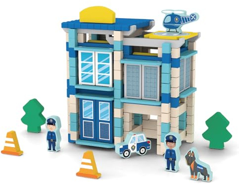 MIKNEKE 162PCS Wooden Building Blocks Set for Toddlers, Construction City Stacking Toys, Preschool Learning Educational Toys for Kids 3+ Years Girls and Boys (Police Station)