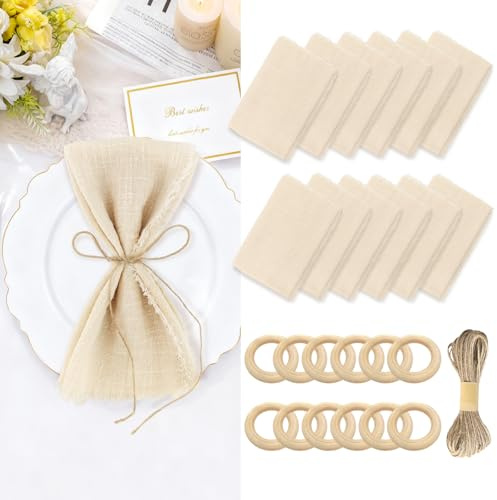 Yuaerbuo 12 Stück Stoffservietten Beige Baumwolle mit Fransen, 42*42cm Servietten Stoff Beige Leinen Servietten mit 10m Schnur 12 Serviettenring Natur Leinenservietten mit Hohlsaum für Tischdekoration