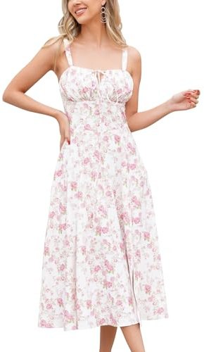IWEMEK Women's Summer Corset Midi Milkmaid Dress Wedding Guest Dresses Maxi SundressFloral Casual Spaghetti Strap Split Side High Waist