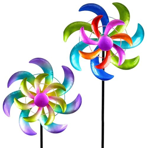 Kremers Schatzkiste Set di 2 girandole da giardino in metallo colorato, 25/110 cm, con cuscinetto a sfera, decorazione da giardino resistente alle intemperie, con picchetto, mulino a vento colorato