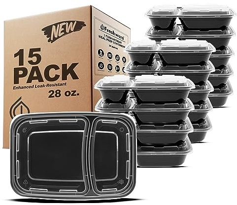 Freshware Meal Prep Containers [15 Pack] 2 Compartment with Lids, Food Storage Containers, Bento Box, BPA Free, Stackable, Microwave/Dishwasher/Freezer Safe (28 oz), Black