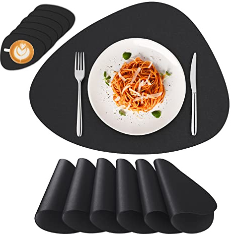 Deyooxi Set de Table Lavable Sets de Table Impermeable PVC Antidérapant, 6 Pièces Sets de Tables et 6 Pièces Dessous de Verre, Noir