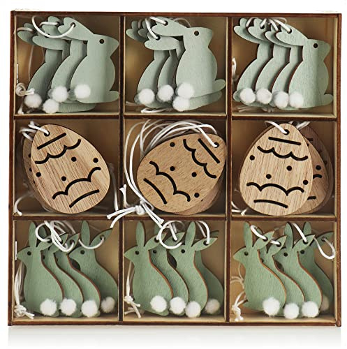 COM-FOUR® 36x Ciondoli decorativi Pasqua - Decorazioni pasquali in legno da appendere - appendini in legno per albero pasquale - conigli e uova (36 pezzi - Mix pasquale - verde)