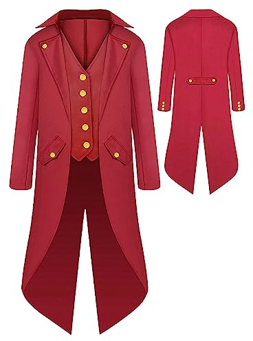 SEAUR Abrigo gótico medieval para adolescentes varones, chaqueta frac steampunk roja, cosplay, carnaval, fasching, Halloween, disfraz para niños 165