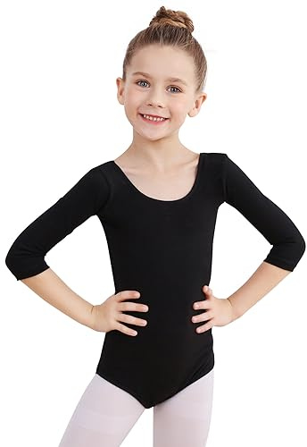 Soudittur Maillot de Danza Niña Mujeres Leotardos Ballet de Algodón Maillots de Gimnasia Ritmica Manga 3/4 (Negro, 130)