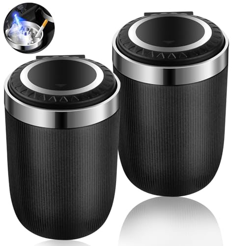 CLIUNT 2 Piezas Cenicero de Coche con Tapa,Cenicero de Coche con Luz,Cenicero Portátil con Luz Led y Tapa,para Automóvil, Hogar,Oficina(Negro)