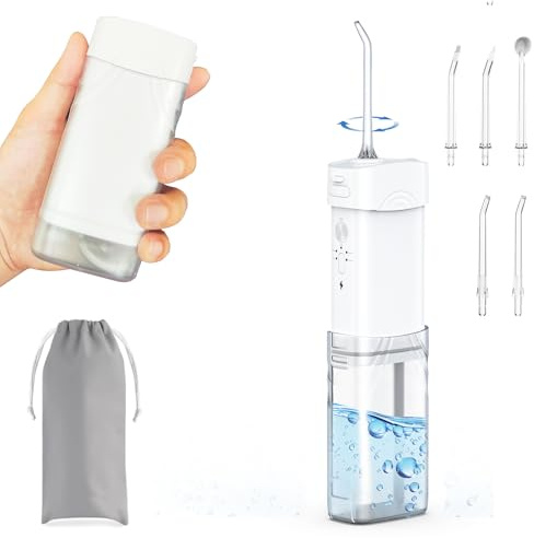 Foldable Oral Irrigator with 5 Modes, Portable Cordless Water Dental Flosser 5 Replaceable Jet Tips, Rechargeable IPX7 Waterproof Teeth Cleaner for Home and Travel (White1)