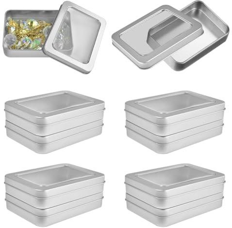 KLYNGTSK 10PCS Rectangular Metal Tins,Mini Box with Clear Window Lid,Portable Small Metal Storage Tins with Lids,Silver Metal Storage Tin,Rectangular Empty Tins Box for Beads Candy Jewelry Gadgets