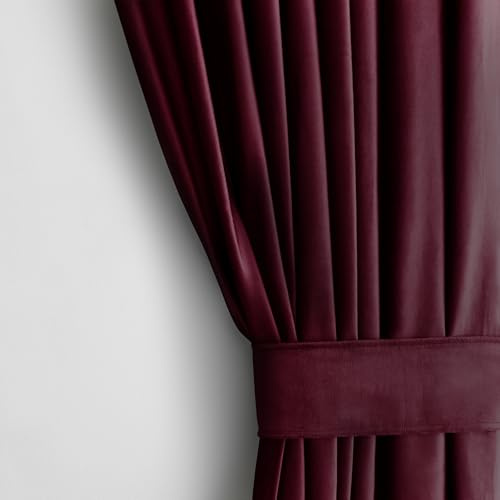 AmeliaHome Lot de rideaux H 245 x l 140 cm avec embrasses 54 x 10 cm - Aspect velours - Bordeaux - 1 pièce - Ruban fronceur à bande ondulée - En velours semi-occultant - Décoration de fenêtre - Rideau